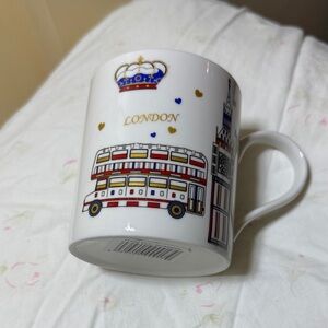 London Themed White Mug with Red and Blue Accents